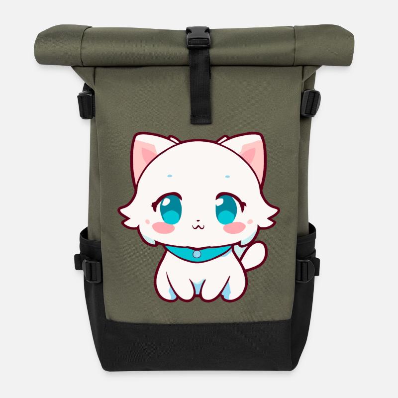 Kawaii White Chibi Cat - Mignonne chatte d’anime - Sac à dos roll top - olive/noir