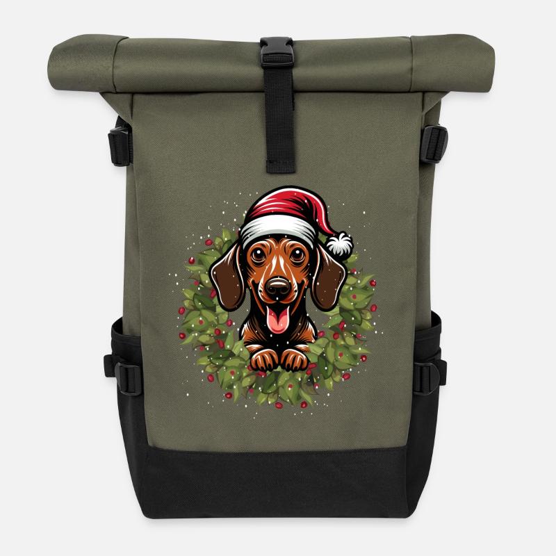 Dackel mit Weihnachtsmütze - Feiertags Shirt - Rolltop Rucksack - Olive/Schwarz