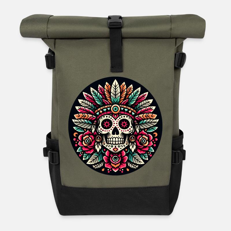 Crâne maya 2 - Sac à dos roll top - olive/noir