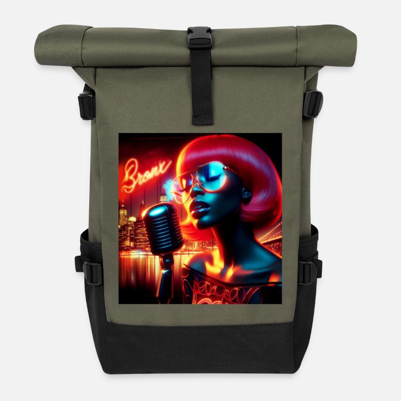 Portrait moderne avec néon et ambiance nocturne - Sac à dos roll top - olive/noir