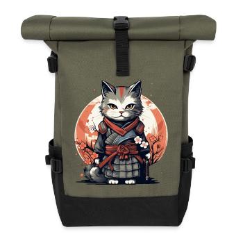 Warrior Cat Japanese Cat Samurai Cat - Roll Top Backpack - olive/black - Front
