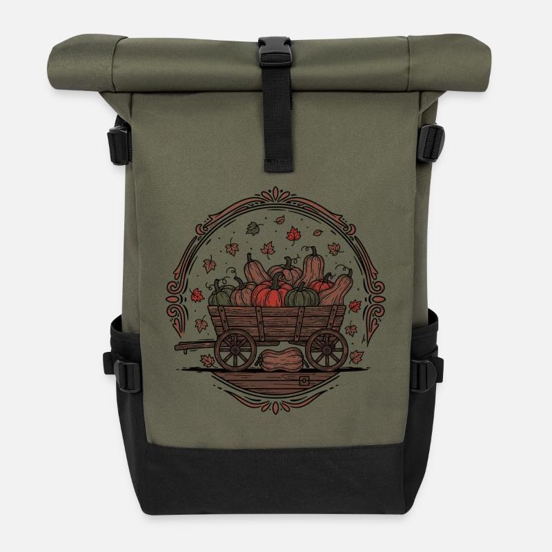 Herbsternte Kürbiswagen - Rolltop Rucksack - Olive/Schwarz