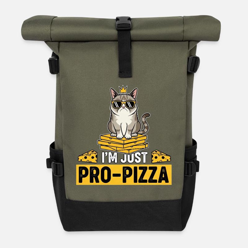 Cat pizza with sunglasses and crown - Roll Top Backpack - olive/black