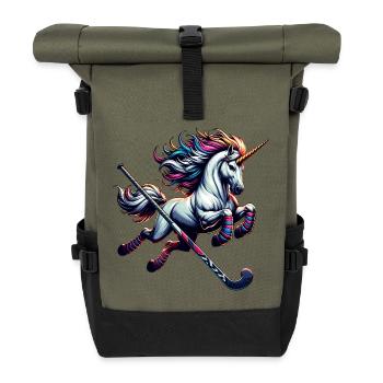 Eishockey Einhorn Mit Schläger Fantasy Power - Rolltop Rucksack - Olive/Schwarz - Vorne