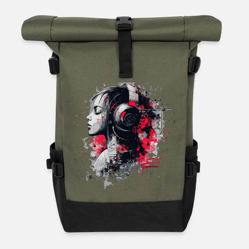 DJ Lady – Urban Art Kopfhörer  - Rolltop Rucksack - Olive/Schwarz
