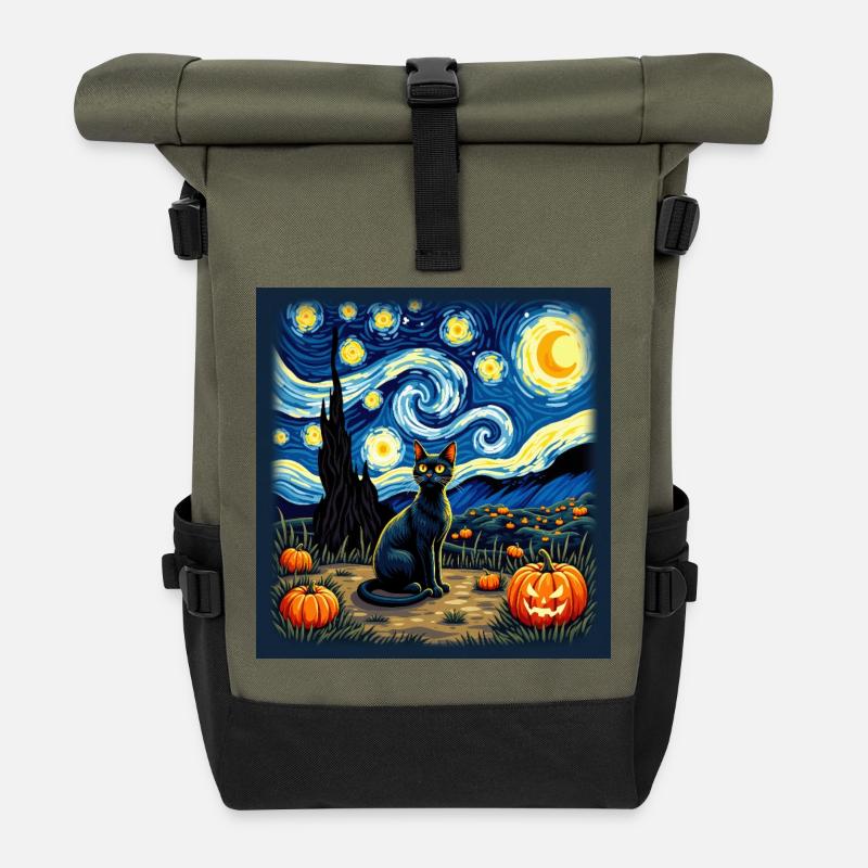 Halloween Cat – Van Gogh Style with Pumpkins - Roll Top Backpack - olive/black
