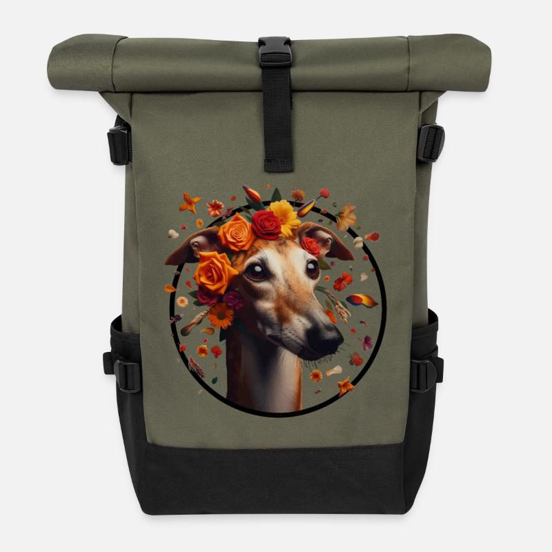 Galgo mit Blumenkranz - Rolltop Rucksack - Olive/Schwarz