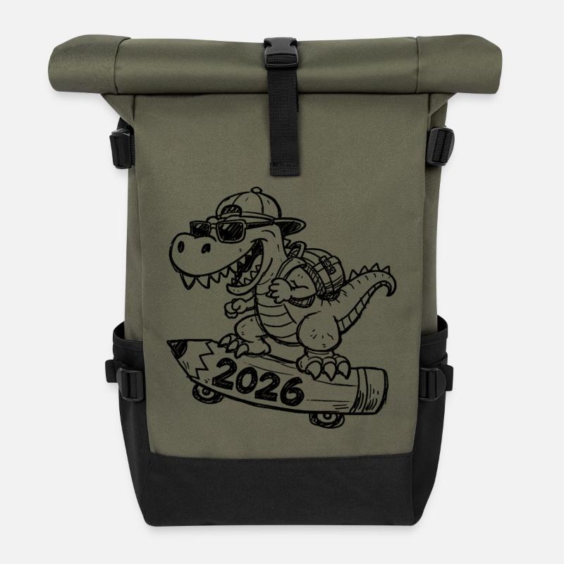 School Child 2026 School Year Back to School Dino T-Rex - Roll Top Backpack - olive/black