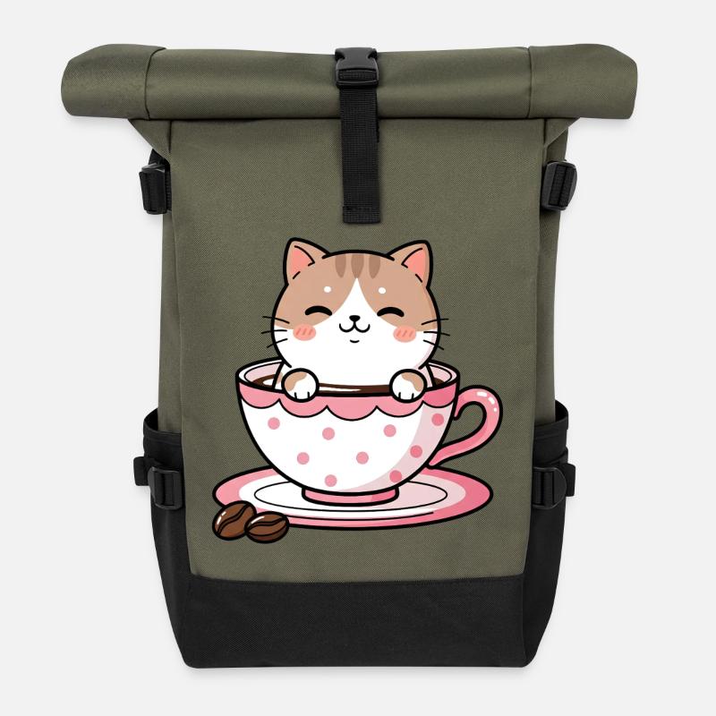 Chat Douillet dans une tasse rose - Sac à dos roll top - olive/noir