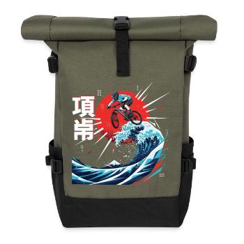 BMX-Fahrer über aufgehende Sonnenwelle - Rolltop Rucksack - Olive/Schwarz - Vorne