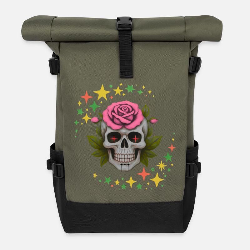 Red eyes skull and roses T-Shirt design. - Roll Top Backpack - olive/black