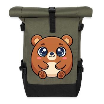 Kuschelbär mit großen funkelnden Augen - Rolltop Rucksack - Olive/Schwarz - Vorne