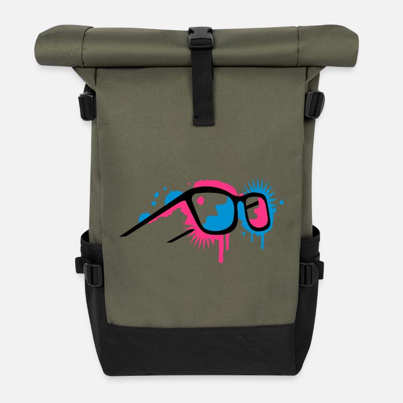 3D Brille im Graffiti Stil - Rolltop Rucksack - Olive/Schwarz