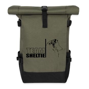 TEAM Sheltie Hunde Hund Shetland Sheepdog Wilsigns - Rolltop Rucksack - Olive/Schwarz - Vorne