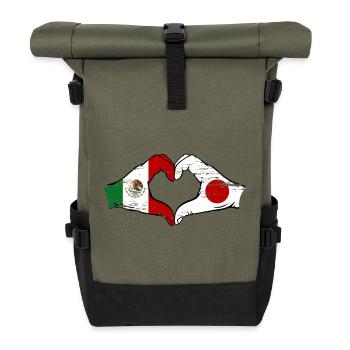 Mexico Japan Flag Hands Heart Shape Used - Roll Top Backpack - olive/black - Front