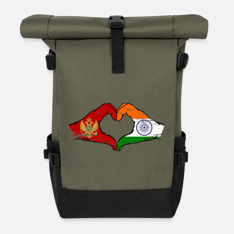 Montenegro India flag hands heart shape used - Roll Top Backpack - olive/black