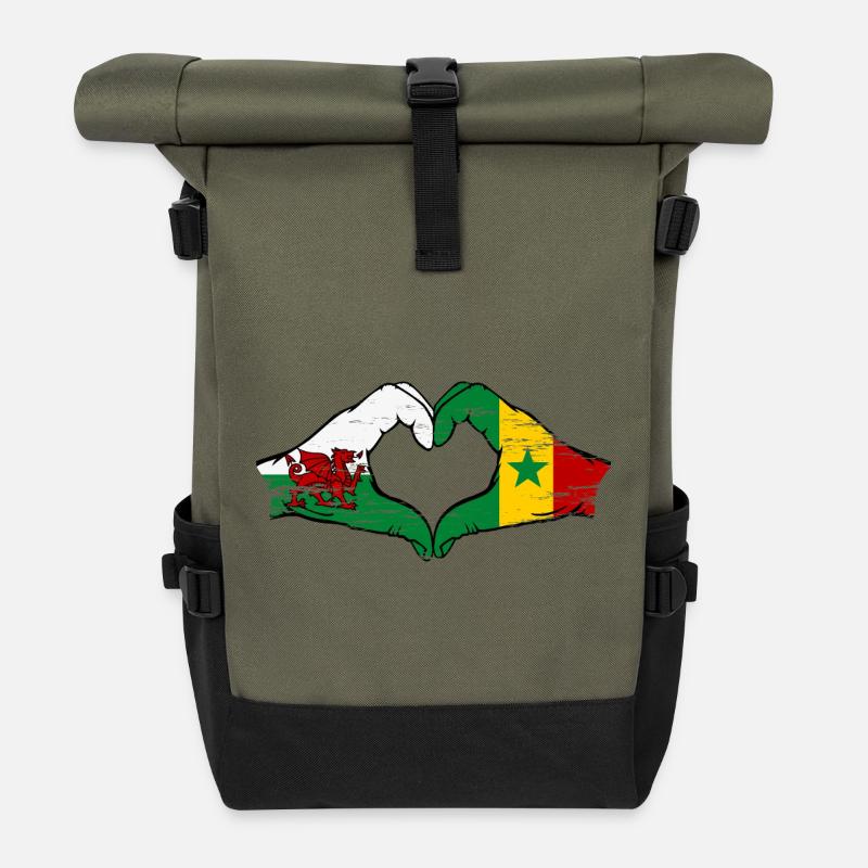 Pays de Galles Drapeau du Sénégal mains forme de coeur utilisé - Sac à dos roll top - olive/noir