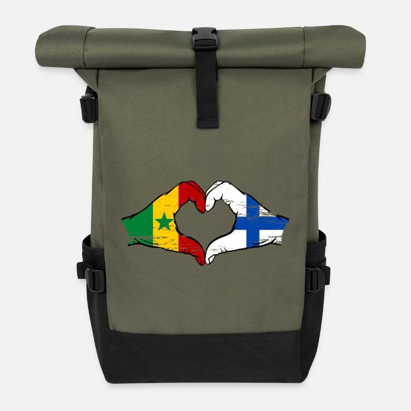 Sénégal Finlande Drapeau Mains Coeur Forme - Sac à dos roll top - olive/noir