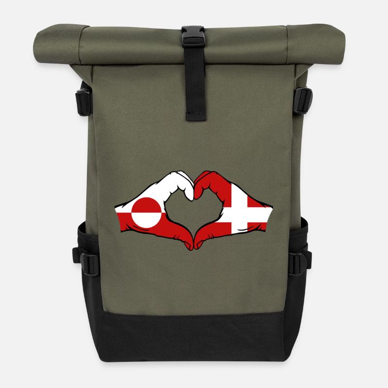 Drapeau du Groenland Danemark Mains Forme de cœur - Sac à dos roll top - olive/noir