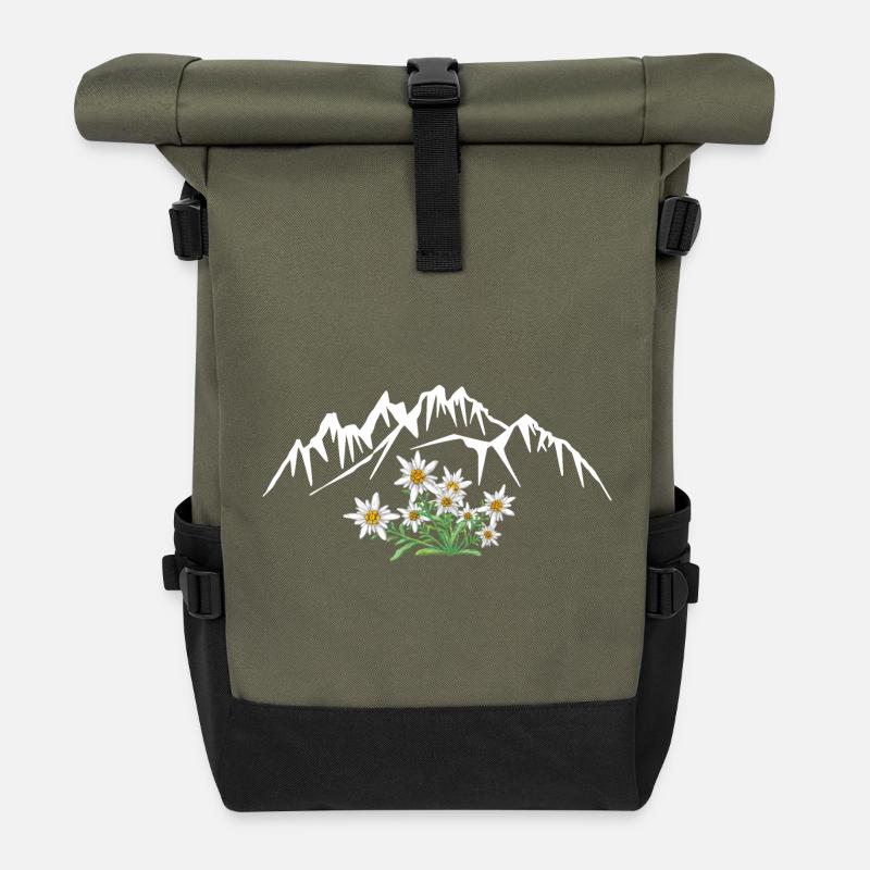 Alpen Edelweiß vor Berggruppe - Rolltop Rucksack - Olive/Schwarz