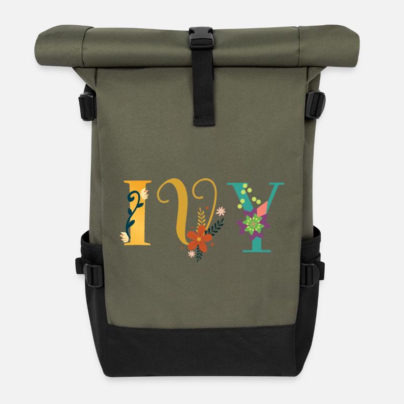 EVY Name Art With Flowers Embroidered - Roll Top Backpack - olive/black