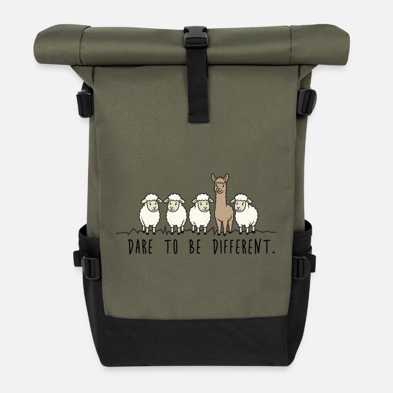 Dare to Be Different – Schafe Alpaka Illustration - Rolltop Rucksack - Olive/Schwarz