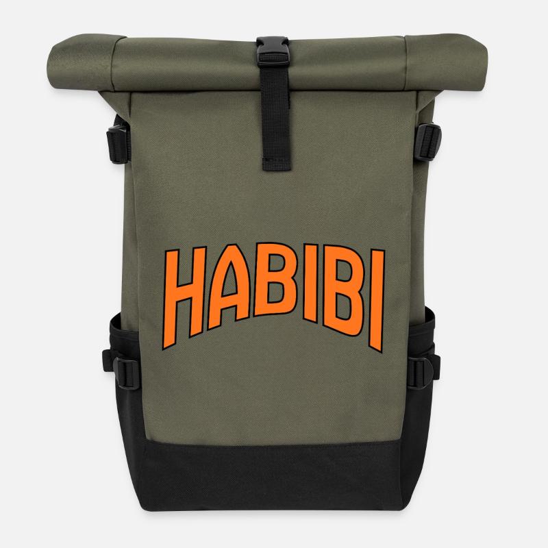 Imprimé de lettrage courbe Habibi - Sac à dos roll top - olive/noir