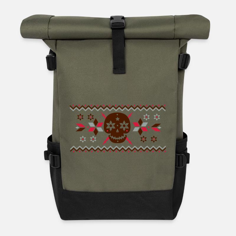 Skull Muster im Norweger Stil - Rolltop Rucksack - Olive/Schwarz