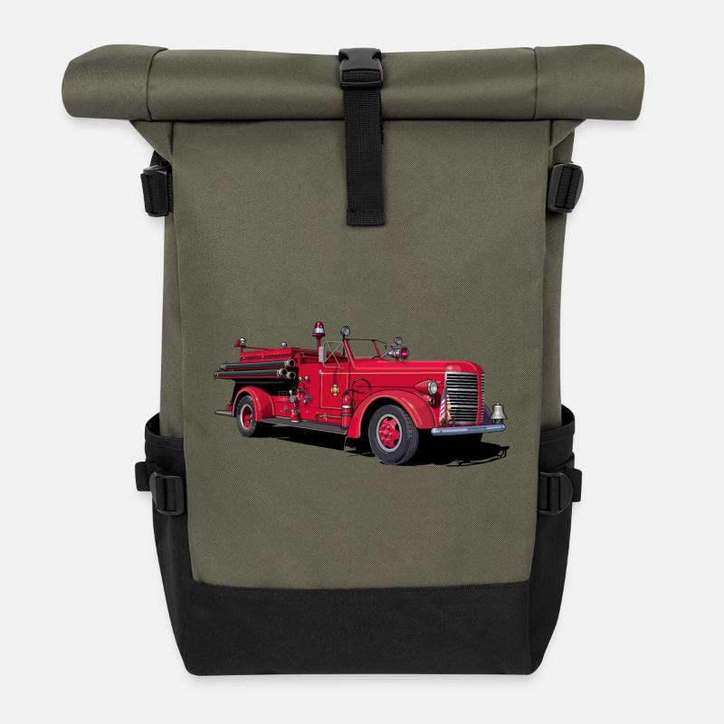 Feuerwehrauto Oldtimer - Rolltop Rucksack - Olive/Schwarz