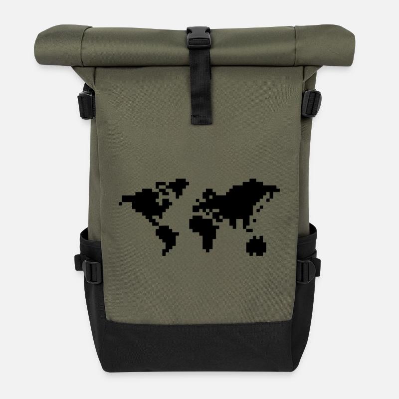 Pixel Weltkarte - Rolltop Rucksack - Olive/Schwarz