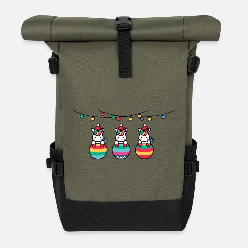 3 Einhörner Weihnachtskugeln Freunde - Rolltop Rucksack - Olive/Schwarz