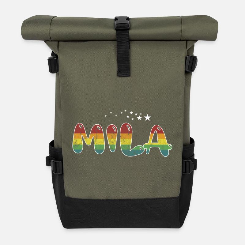 Vorname Mila Mädchenname Namensgeschenk - Rolltop Rucksack - Olive/Schwarz