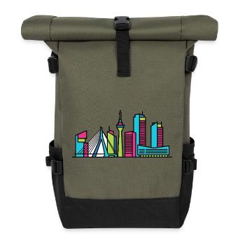 Amsterdam City Skyline Canal Houses Line Art - Roll Top Backpack - olive/black - Front