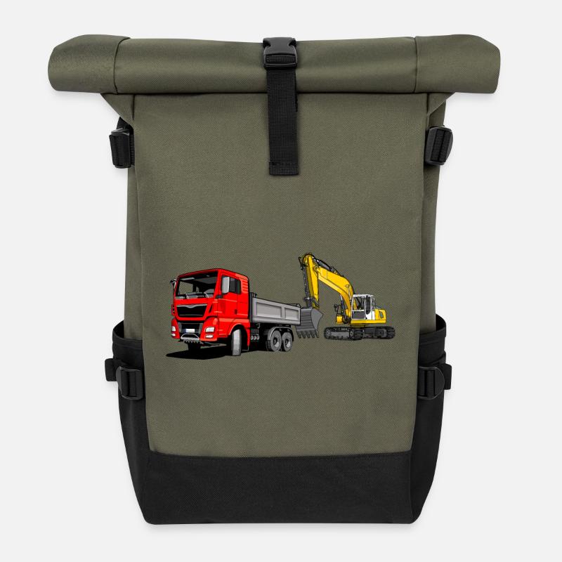Lastauto mit Bagger - Rolltop Rucksack - Olive/Schwarz