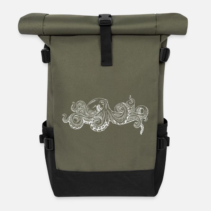 Doodle pieuvre monochrome - Sac à dos roll top - olive/noir