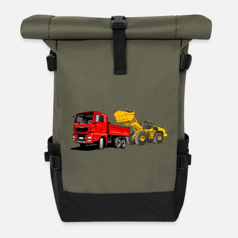 Baustelle, LKW, Radlader - Rolltop Rucksack - Olive/Schwarz