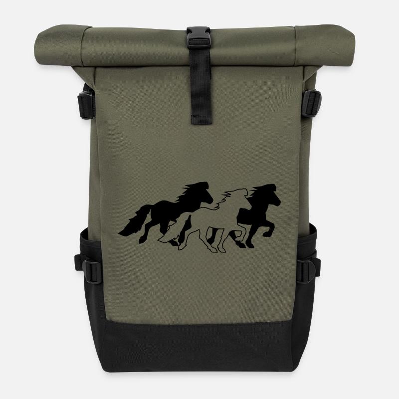 3 edle Islandpferde im Tölt  - Rolltop Rucksack - Olive/Schwarz
