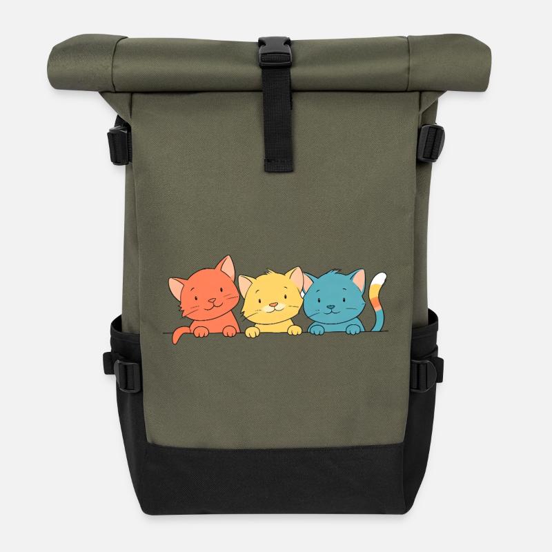 Trio Bunte Katzen Freunde - Rolltop Rucksack - Olive/Schwarz