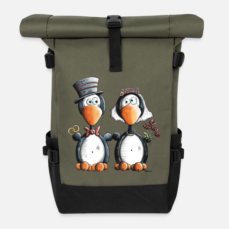 Pinguin Hochzeit - Rolltop Rucksack - Olive/Schwarz