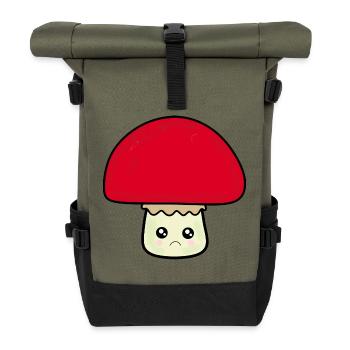 Kawaii mushroom cute red with face - Roll Top Backpack - olive/black - Front