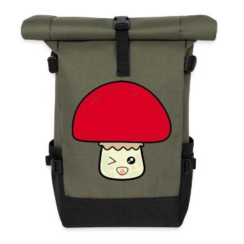 Kawaii mushroom cute red with face - Roll Top Backpack - olive/black - Front