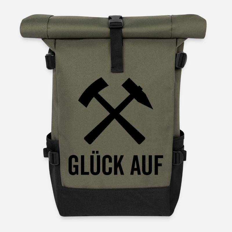 Glück Auf Bergmannszeichen Schlägel Eisen Pott Aue - Rolltop Rucksack - Olive/Schwarz