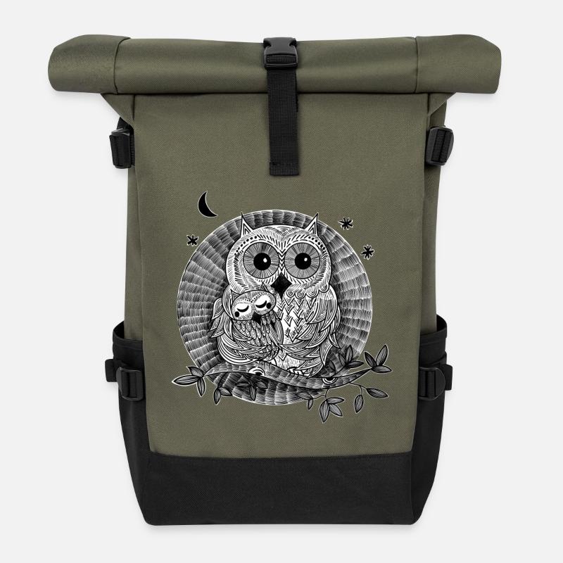Owls illustration black and white - Roll Top Backpack - olive/black