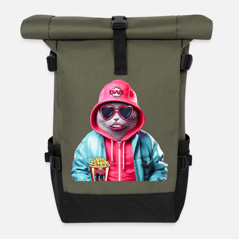 Pop Art Cat - Roll Top Backpack - olive/black