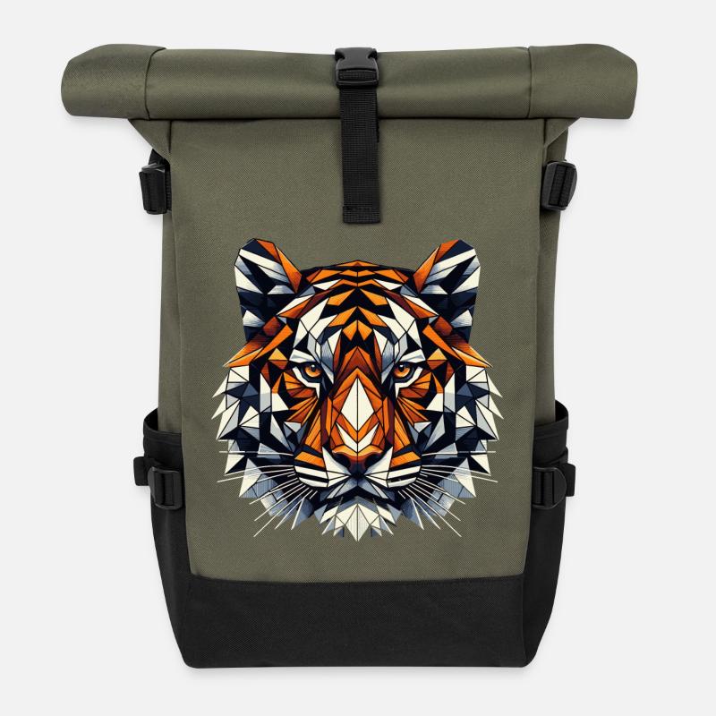 Bunter, geometrischer Tiger Kopf- Polygonen Motiv - Rolltop Rucksack - Olive/Schwarz