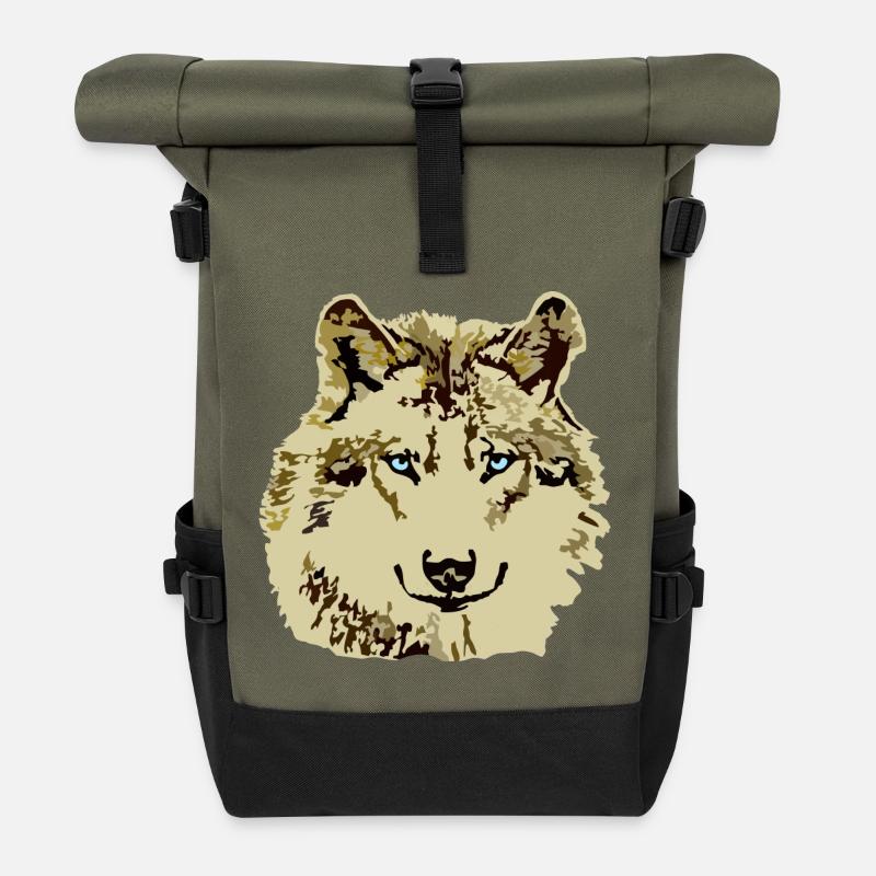Wolf braun blaue Augen - Rolltop Rucksack - Olive/Schwarz