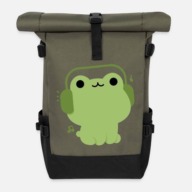 Cute Frog Headphones Illustration - Roll Top Backpack - olive/black