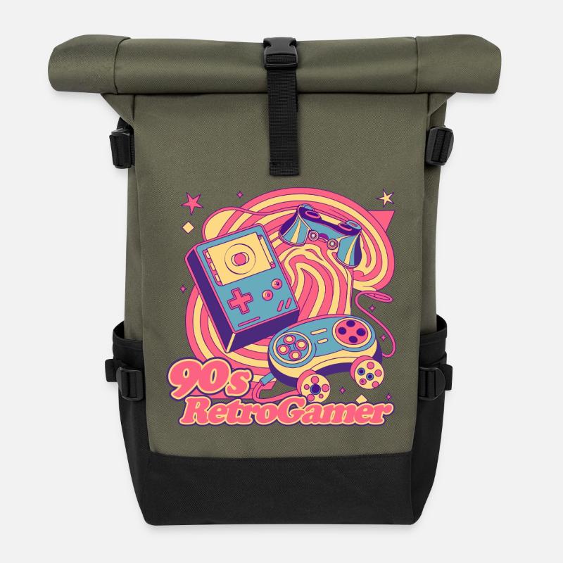 90s Retro Gamer Design Tee - Roll Top Backpack - olive/black