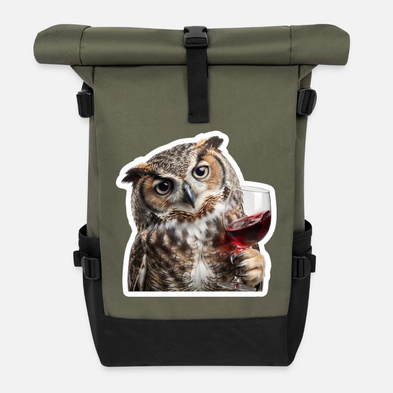 Wise owl at the cozy wine evening - Roll Top Backpack - olive/black