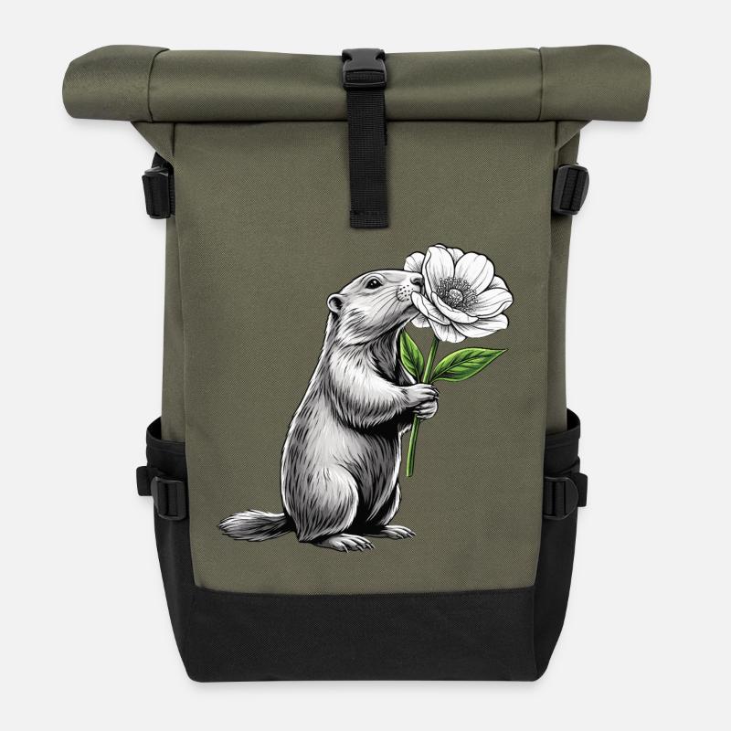 Murmeltier mit Blume - Rolltop Rucksack - Olive/Schwarz